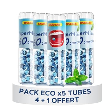 PAPERMINTS - Billes à la Menthe pour une haleine fraiche et durable - Combat la mauvaise haleine - Bonbon menthol sans sucre ni alcool - Grand format - PACK DE 5 TUBES - 300 billes