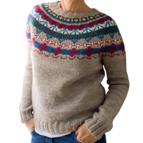 Pull Islandais Femme, Pull Norvégien Femme Hiver Chaud 2025 Pull Femme sans Capuche Pullover Top Grande Taille Mohair Pull Jacquard Irlandais Sweater Chic À Motif Tricoté Pull Irlandais