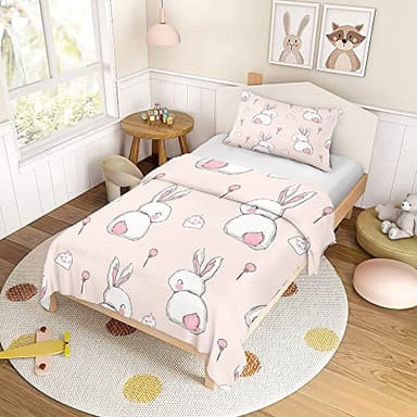 ENEN Housse de Couette 120x150 cm + Taie d'oreiller 40x 60 cm, Parure de Lit 120x150 Enfant, Doux Ensemble de Literie en Microfibre Rose Dessins Animés Lapin Housse Couette