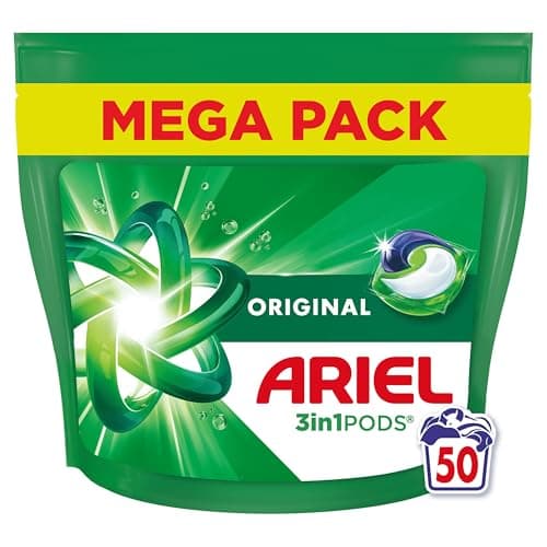 Ariel 3en1 PODS Original, 50 Lavages, Lessive Capsules Anti-Taches, Élimination Impeccable des Taches en Un Seul Lavage, Dissolution Rapide Même à Froid, Préserve les Tissus, Fabriquée en France