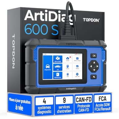 TOPDON ArtiDiag600S Valise Diagnostic Auto OBD2, Outil Diagnostic Voiture pour 4 Systèmes, 9 Fonctions de Réinitialisation sur Huile/Frein/SAS/BMS/ABS/DPF/TPMS/Accélérateur, Fonctions OBD2 Complètes