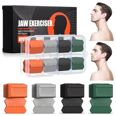 8 Pcs Muscler Machoire, 4 Styles Machoire Musculation Jawline Trainer en Silicone avec Boîte Hommes Femmes, Jaw Exerciser Entraineur de Machoire pour Entraînement Double Menton Cou Ligne Facial