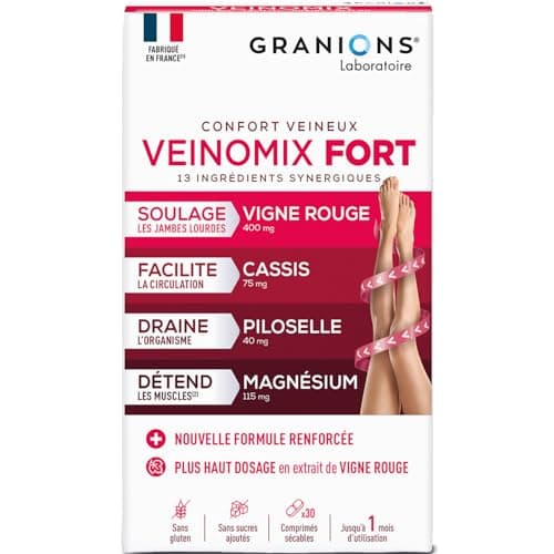 GRANIONS - VEINOMIX FORT - Retention d'eau drainant puissant - Circulation Sanguine Jambes - Vigne rouge + Vitamine C + Vitamine E - Vigne rouge Circulation - Jambes Lourdes - 30 comprimés - 1 mois