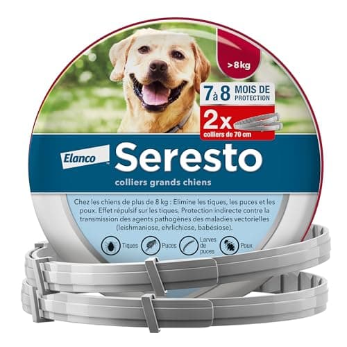Seresto Collier Grands Chiens – 2 colliers anti puces et anti tiques pour grands chiens de plus de 8 kg – Collier Seresto pour chien 7 à 8 mois de protection, réduit le risque de leishmaniose – Gris
