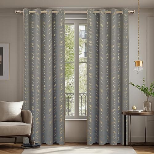 Deconovo Lot de 2 Rideaux Occultants Thermiques Isolants Anti-Froid à Œillets - Motif en Fil d'or 140×240CM, Rideaux Thermiques pour Chambre et Salon Gris Clair