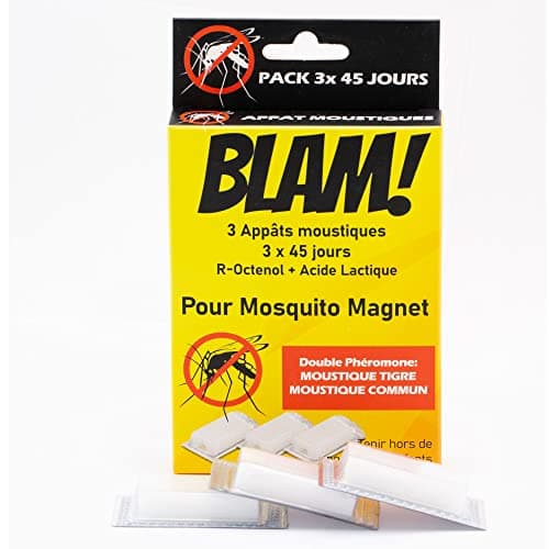 BLAM 3 Appâts Moustiques Compatible Mosquito Magnet* Double phéromone: Efficace sur Moustique Tigres et communs grâce au R-Octenol et l'acide lactique (=Atrakta*). 3X 45 Jours d'efficacité