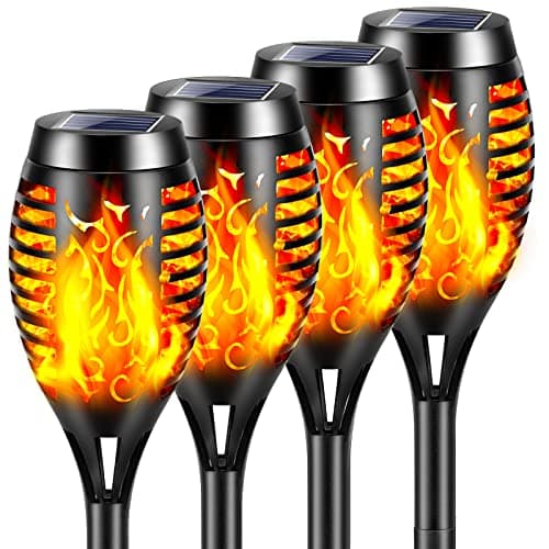 YAZEKY Lumières Flamme Solaire Exterieure,4 Pièces 12 LED Lampe Solaire Flamme Torche Jardin Exterieur Étanche IP65,Lumiere Torche Solaire avec Flammes Réalistes pour Décor,Jardin,Patio,Chemins,Cour