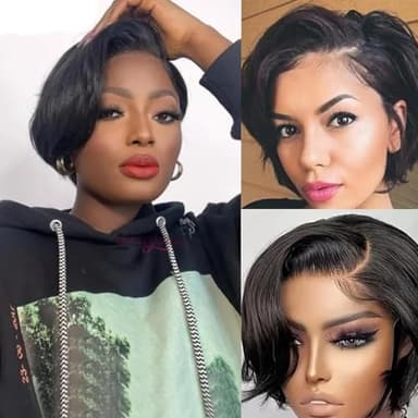 Fereowth 13x4 Lace Front Wig Perruques Courtes Raides Perruque Femme Bresilienne Naturelle Perruque Cheveux Humains Hair Pré Pincées 150% Densité 6pouces Noires