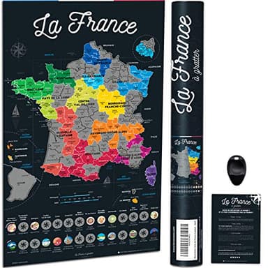 Bonanzana - Carte de France à Gratter - 70x42 cm - Poster à Gratter les Régions & Départements Français Visités avec Plats & Lieux - Carte Cadeau Murale voyages - Scratch Off Map