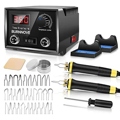 BURNNOVE Double Stylo Pyrograveur sur Bois 60W 220V Kit de Pyrogravure Bois Professionnel aver 33 Pointes de Soudage Utilisation Alternée Plumes Température Réglable pour Souder Liège Cuir