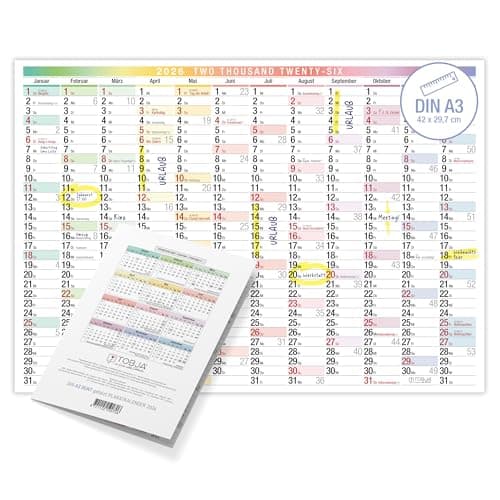 TOBJA Calendrier mural 2026 A3 avec grands champs - Design coloré - Format A3 (42 x 29,7 cm) - Certifié FSC - Calendrier mural pour bureau et bureau à domicile - Planificateur pour rendez-vous et