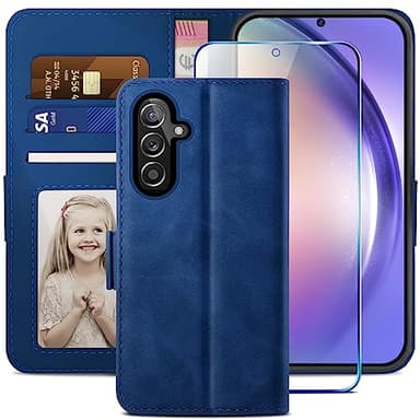 YATWIN Coque pour Samsung Galaxy A54 5G+1 Pièces Verre Trempé, Etui Protection Premium en Cuir PU Housse Samsung A54 5G, Fermeture Magnétique Flip Case Coque Samsung A54 5G, Bleu