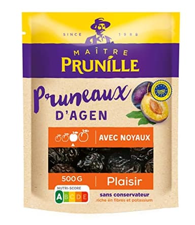 MAÎTRE PRUNILLE - Pruneaux d’Agen Avec Noyaux - Fruits Secs Plaisir - Calibre 30/35 - Riche En Fibres Et Potassium - Facilite La Digestion - Sans Conservateur - Nutri-Score A - Label IGP - Sachet 500g