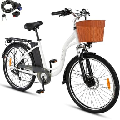 DYU C6 Vélo Électrique, 26" Vélo Électrique pour Adultes, 36V 12,5Ah Batterie Amovible, 65 km Autonomie, 7 Vitesses, 250W Moteur, E-Bike avec Panier, Frein à Double Disque, Blanc