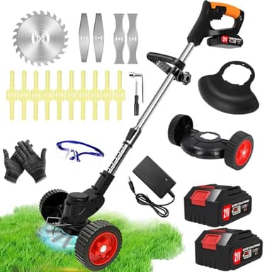 Débroussailleuse Electrique sans Fil 21V 2.0Ah Coupe Bordure avec 2 Batterie et Chargeur de Coupe Bordure avec et Roues Amovibles,Légères et à Faible Bruit,pour Jardin, Pelouse, Ferme