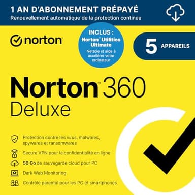 Pack Norton 360 Deluxe + Norton Utilities Ultimate |5 appareils |50 Go| VPN | 12 Mois |contrôle parental |Dark monitoring| PC | Code d'activation PC - envoi par email