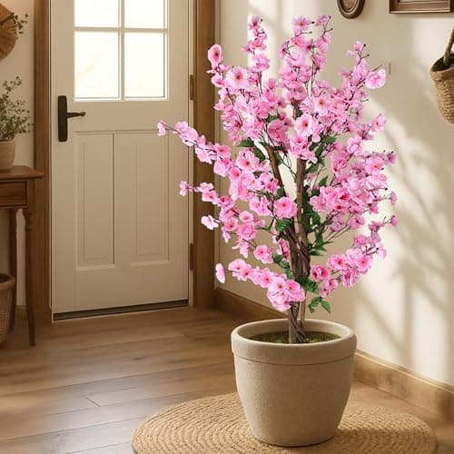 Plante Artificielle à Fleurs Roses Arbre Artificiel 120 cm Décoration du Salon Grande Plante en Pot Fleur de Printemps