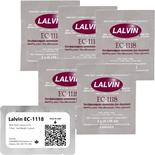 Lalvin EC-1118 Levure à Vin (5 Sachets) - Levure à Champagne - Faire de l'Hydromel Cidre Vin Kombucha à la Maison - Saccharomyces cerevisiae - Vendu par Distributeurs CAPYBARA Inc.