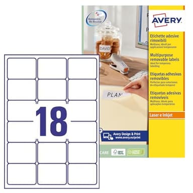AVERY - Pochette de 450 étiquettes autocollantes et amovibles, Personnalisables et imprimables, Format 63,5 x 46,6 mm, Impression laser / jet d'encre, (L6025REV-25)