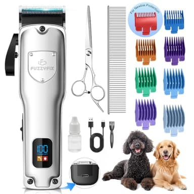FuzzyFix Tondeuse Chien Professionnelle pour Poils Épais – Kit de Toilettage Silencieux Rechargeable avec Lames en Céramique et Acier Inoxydable pour Chiens, Chats et Animaux