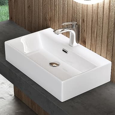 doporro Lavabo à Poser Blanc Vasque Suspendu en Céramique Lave Mains Rectangulaire de Qualité pour Salle de Bain 60x36x13cm Brüssel206