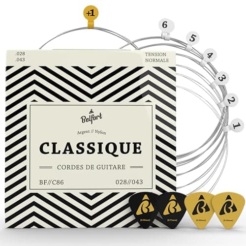 Belfort Cordes de Guitare haute Cordes pour Guitare Classique et guitare de concert pour I Kit de 6 cordes I silberumwobene Cordes en nylon I Bonus : gratuits eBook + 3 médiators - BF//C86