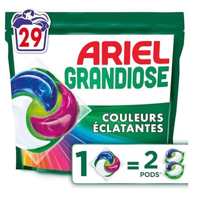 Ariel Grandiose PODS Couleurs Éclatantes, 29 Lavages, Lessive Capsules 2X Action Détachante et Anti-Odeur, Efficace Même à Froid, Pour Couleurs Vives, Économisez 60% d'Électricité, Fabriquée en France