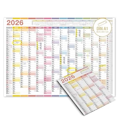 TOBJA Calendrier mural 2026 A1 XXL coloré pour bureau et bureau à domicile, 14 mois, grand format 59 x 84 cm, calendrier mural 2026, format A1, avec beaucoup d'espace pour les rendez-vous et les notes