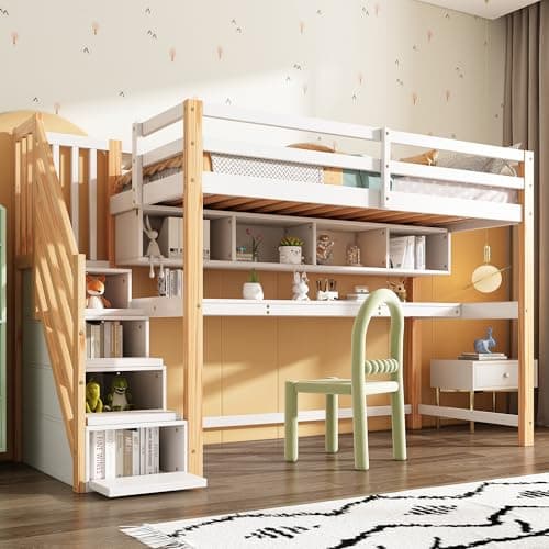 Merax Lit Mezzanine 90 x 200 cm, avec Grand Bureau et Escaliers de Rangement, Lit Enfant avec Étagères de Stockage, pour Garçon et Fille, Blanc et Bois (sans Matelas)