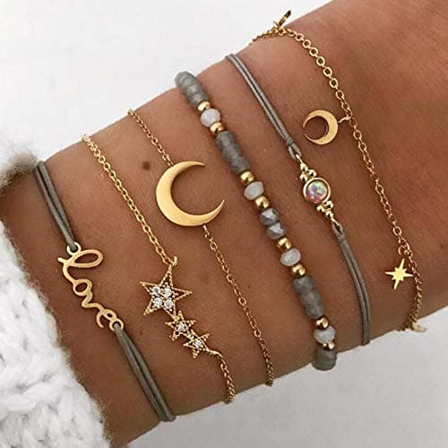 Jovono Bracelets Boho Étoiles et Lune superposés Ensembles de bracelets en perles d'or Strass Main Chaînes Amour Main Bijoux pour femmes et filles (6 pièces)