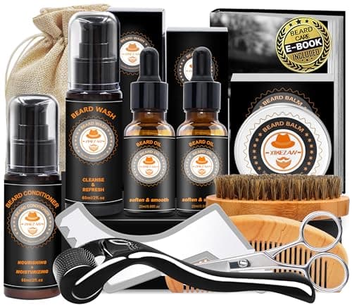 Coffret Kit Soin Barbe Homme,Idee Cadeau Homme Original pour Papa Frere Lui Mari Son Copain,Kit Entretien Barbe Complet ave Shampoing,Conditionneur,Huile,Baume,Roller,Shaper,Peigne,Brosse,Ciseaux,Sac
