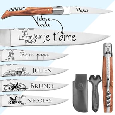 KDO MAGIC - Couteau personnalisé - Tire-bouchon - Manche en frêne - Cadeau Fête des pères - Cadeau Homme, papa, papy - Couteau personnalisable - Idée cadeau Homme - Lame gravée avec un prénom