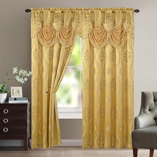 Elegant Comfort Aurora Lot de 2 Rideaux Aspect Jacquard avec cantonnière 137,2 x 213,4 cm Doré