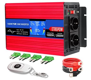 ETREPOW 1000w /2000w Convertisseur Pur Sinus 12v 220v/230v Transformateur -2 Prise EU de Courant Alternatif,1 Port USB,télécommande sans Fil et écran LCD, pour Voiture, Camping, Voyage