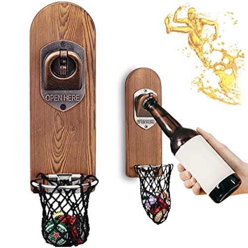 Magnétique Ouvre Bouteille Mural en Bois, Biere Vintage, Décapsuleur Original avec Cap Catcher, Accessoire Bar Exterieur, Cadeau Homme pour Papa, Amie et Collègue (Style 3)