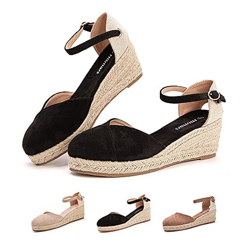 Hitmars Sandale Femme Compensees Été Espadrille Talon Plateforme Été Chaussure Ferme Boucle de Cheville Confort Mode 1 Noir Taille 43 EU