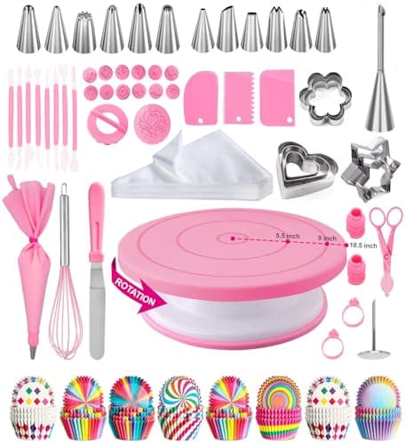 Kit Patisserie,Plateau Tournant Patisserie,Patisserie Accessoire,Ustensiles à Pâtisserie Inclure Plateau Tournant, Poche a Douille, Decoration Gateau Anniversaire (Couleur rose)