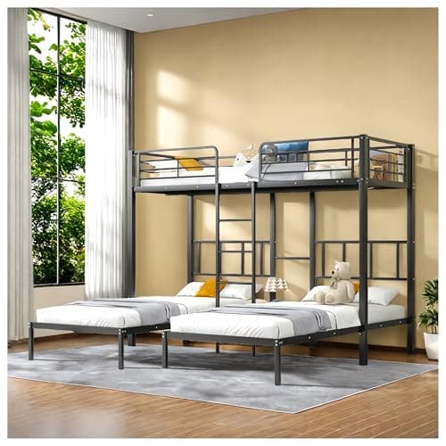 Seyakany Lit superposé 3 Places, avec échelle, Garde-Corps et Petite Table, lit superposé Enfant, 3 Lits Taille 90x200, Convient aux Adolescents et aux Enfants, matériau métallique, Noir