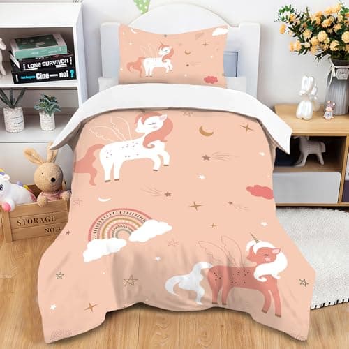 HOMHOMHA Licorne Enfant Housse De Couette Fille Parure De Lit 120x150CM + 1 Taie d'oreiller 40x60cm Impression Motif Imprimé en 3D Couleur Rainbow Rose 100% Microfibre