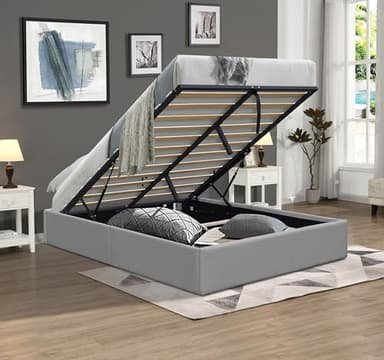 Solide Lit Coffre Gris + Pieds pour Matelas 140x190 cm - 12 Lattes - Loris - Montage Rapide et Facile - revetement PVC Simili Facile d'entretien
