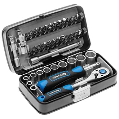 Högert Technik - Boite à Outils, Outils Bricolage, Mallette à Outils, Trousse a Outils, Jeu de Douilles et Équipement 1/4", Mécanisme à Cliquet avec 72 Dents - HT1R462, 38 Pièces