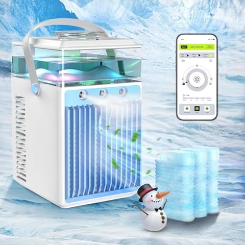 Refroidisseur d'air Portable, 4 en 1 Rechargeable Mini Climatiseur Portable avec 6 Bacs à Glace, Climatiseur Mobile via App Contrôle pour Bureau, Tente, Chambre à Coucher