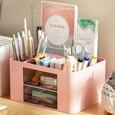 MOOKLIN ROAM Organisateur de Bureau Multifonctionnel, Rangement en Plastique avec 5 Compartiments, 2 Tiroirs Coulissants, Organisateur de Maquillage Boîte à Cosmétique pour Maison École Bureau (Rose)