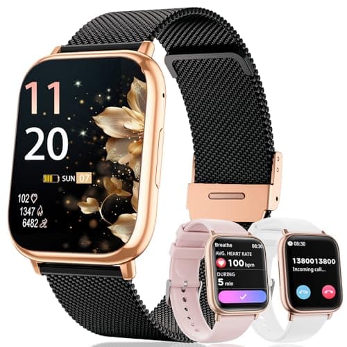 Montre Connectée Femme, 1.83" Smartwatch avec Appel Bluetooth, 113+ Sportifs, Podometre, Cycle Menstruel, Moniteur Sommeil, Montre Femme Connectée, Bracelet Connectée pour Android iOS (Noir Rose Or)