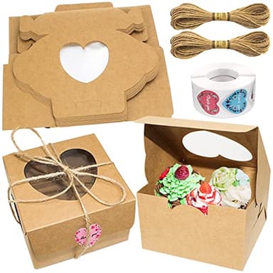 Boite Papier Kraft Avec En forme de coeur Fenêtre Transparente 24 PCS Boite a Cupcake Boite Patisserie 10 x 10 x 6.5cmpour Bonbons Biscuits kraft Boite Gateau