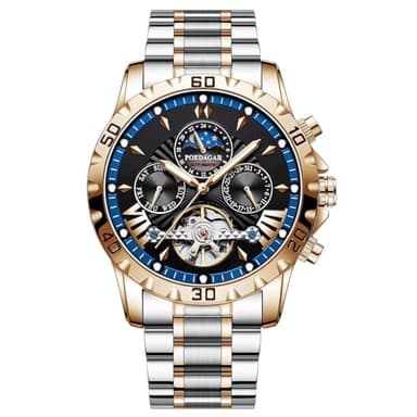 FORSINING Tourbillon Montre pour homme à remontage automatique - Bracelet en acier inoxydable - Phase de la lune - Montre mécanique - Affichage analogique de la date, bleu, Bracelet