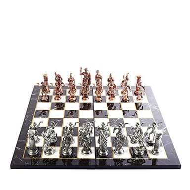 Jeu d'échecs historiques en cuivre antique pour adultes, pièces faites à la main et échiquier en bois motif marbre King 4 inc