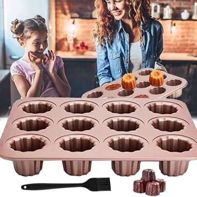 Moule à Gâteau Canele, Moule à Gâteau Antiadhésif en Acier au Carbone à 12 Cavités pour Cannelés Muffin Pudding Cupcake Pain Champagne Or
