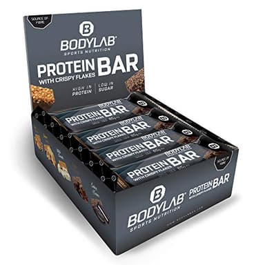 Bodylab24 Crispy Protein Bar Chocolat Crispy 12x65g, barre protéinée avec 27g de protéines par barre, snack fitness pauvre en sucre, barre protéinée croustillante avec beaucoup de fibres