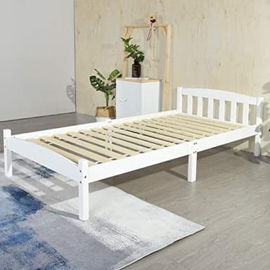 LiePu Lit Simple en Bois Massif avec Sommier en Lattes, Lit 1 Place pour Enfants et Adultes, 90 x 190 cm, Blanc